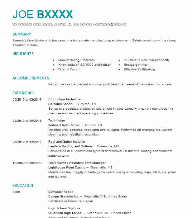 Production Technician Resume Example