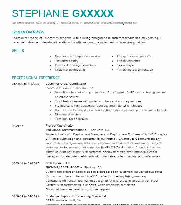 Order Coordinator Resume Example