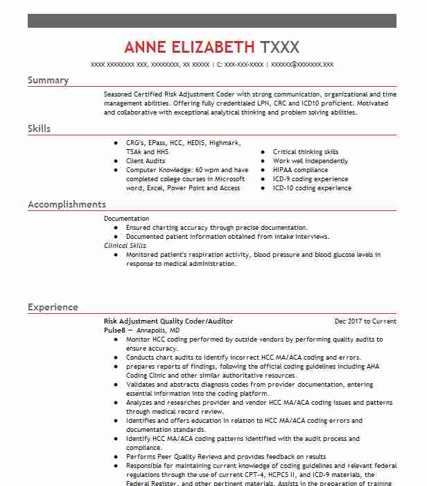 Clinical Coder Auditor Resume Example