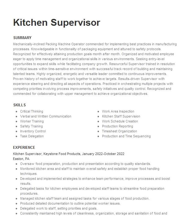 Kitchen Supervisor Resume Example 7105