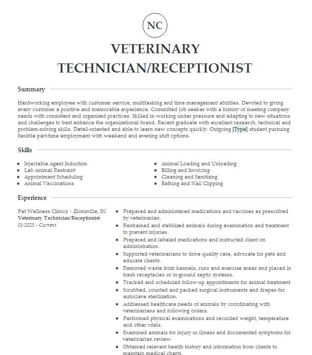 Veterinary Technician Receptionist Resume Example