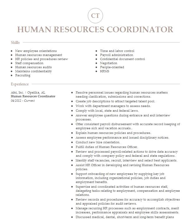 Human Resources Coordinator Resume Example