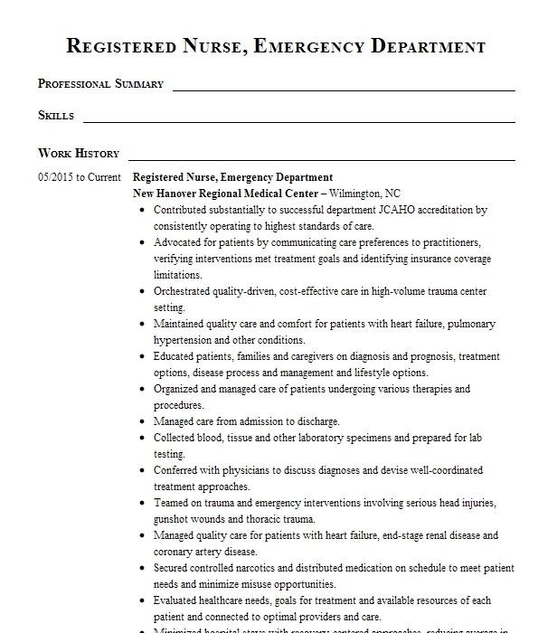 Registered Nurse, Emergency Department Resume Example