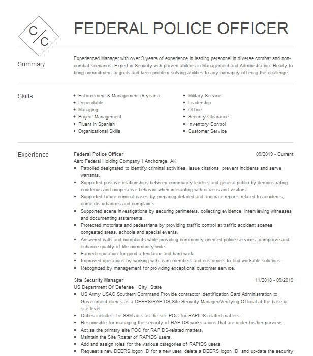 Supervisory Federal Police Officer Resume Example