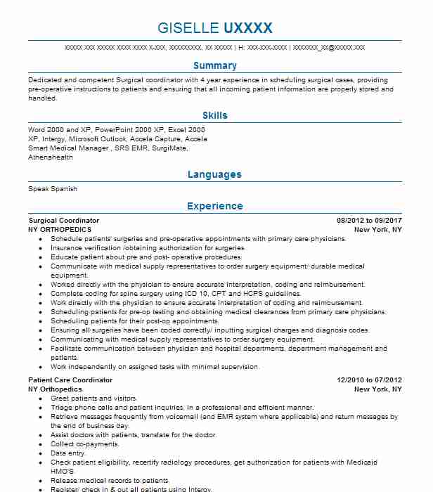 Surgical Coordinator Resume Example