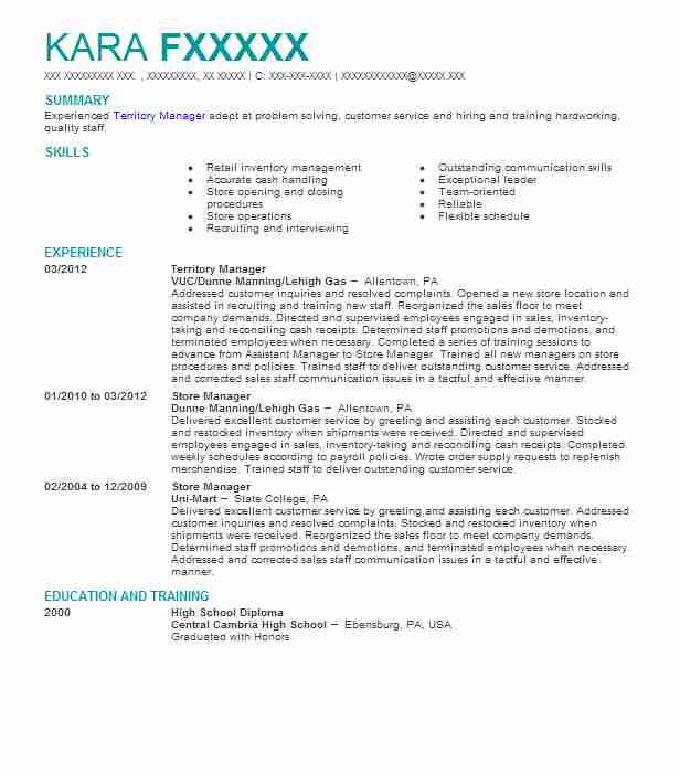 Territory Manager Resume Example