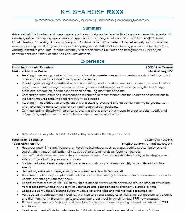 Legal Instruments Examiner Resume Example