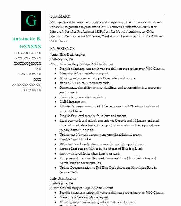 senior help desk analyst resume