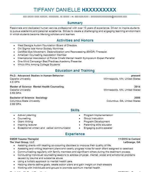 Trauma Clinician Resume Example