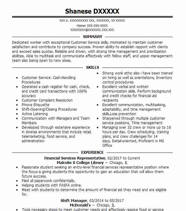 Financial Services Representative Resume Example