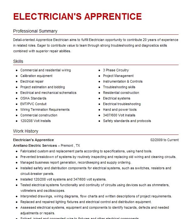 Electrician's Apprentice Resume Example