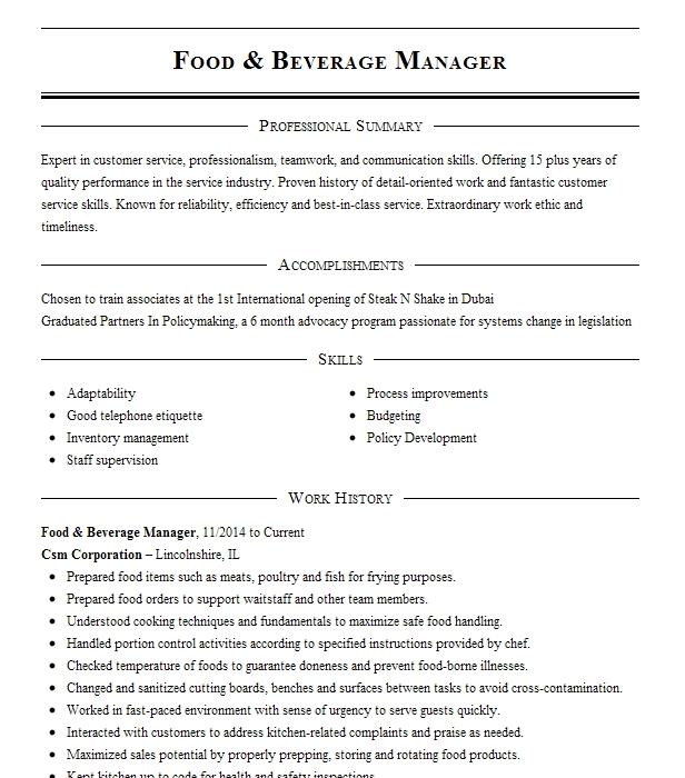 Food & Beverage Manager Resume Example