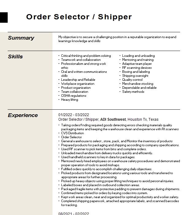 Order Puller Shipper Resume Example