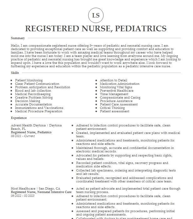 Registered Nurse, Pediatrics Resume Example