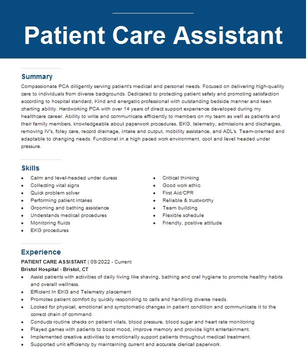 Patient Care Assistant (pca) Resume Example