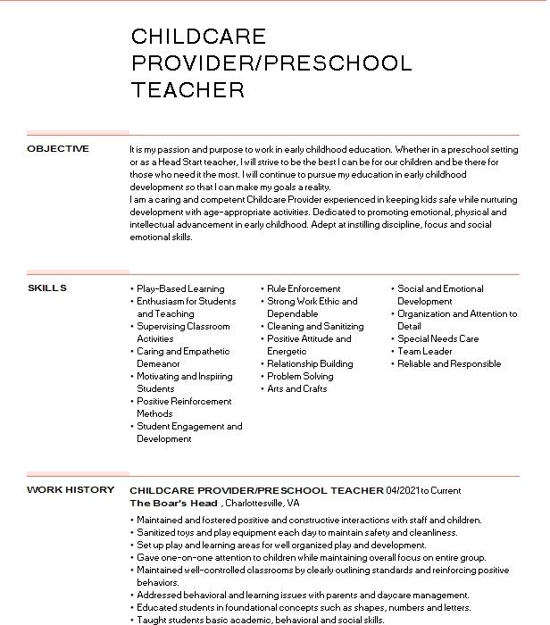 Childcare Provider Preschool Teachers Assistant Resume Example