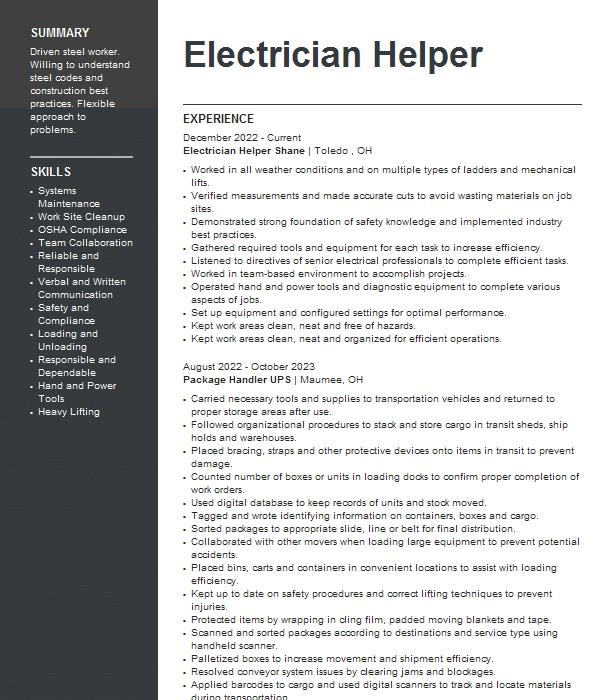 Electrician Helper Resume Example