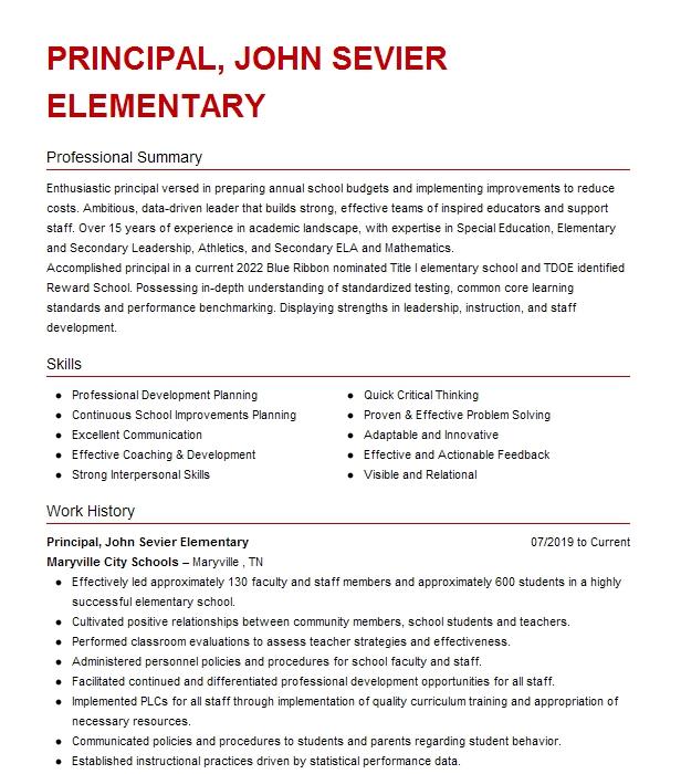 Acting Principal John B Devalles Elementary Resume Example