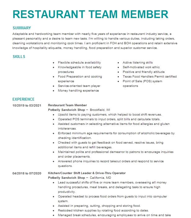 Restaurant Team Member Objectives | Resume Objective