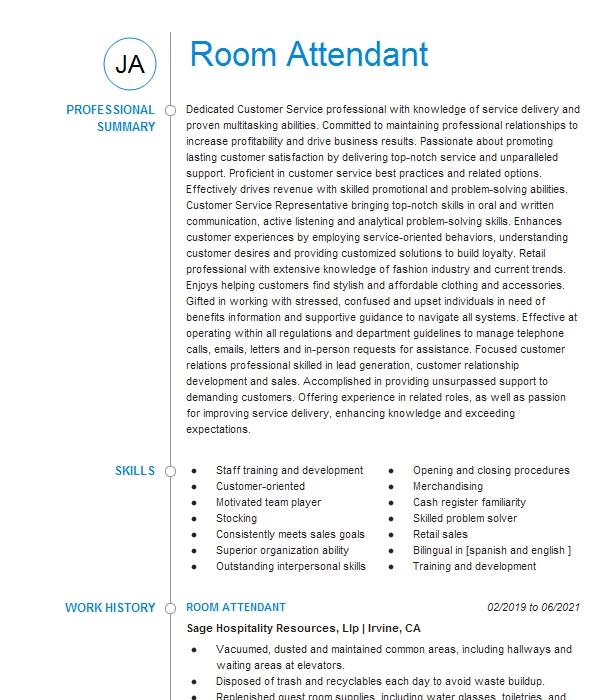 Room Attendant Resume Example