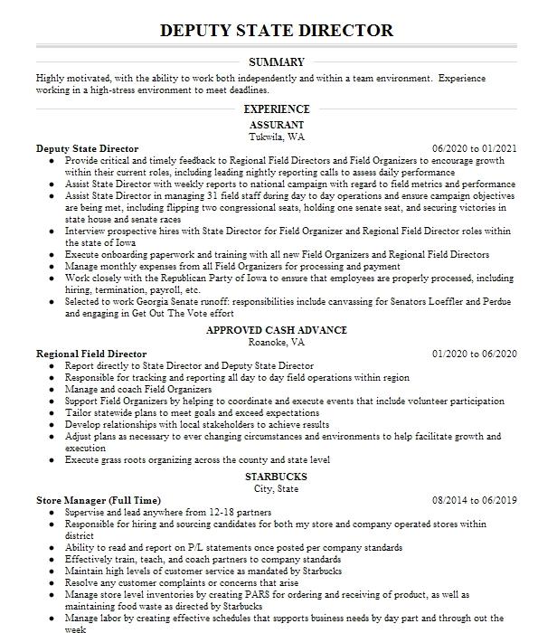 Deputy State Family Program Director Resume Example