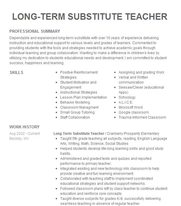 Long Term Substitute Teacher Resume Example