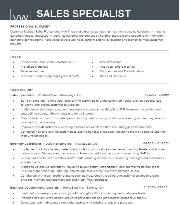 Sales Specialist Resume Example