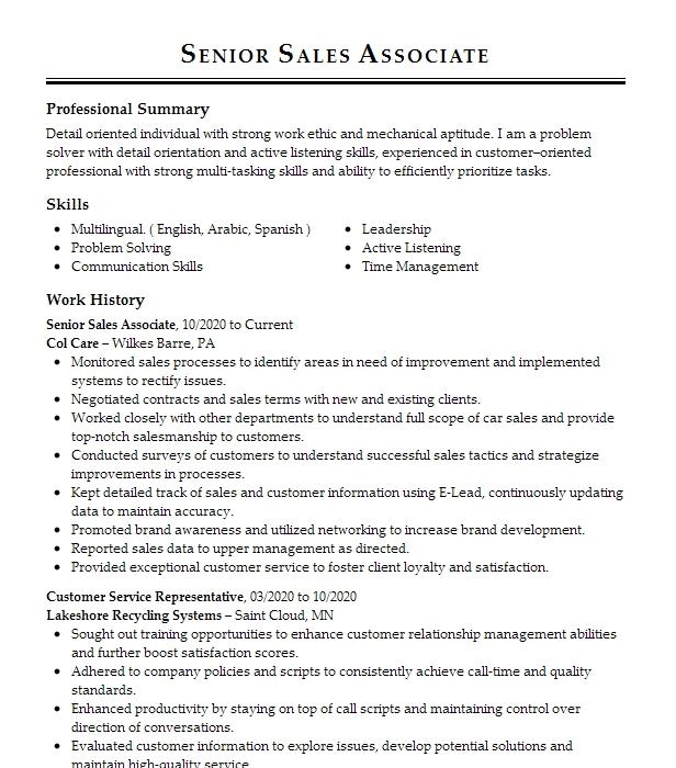 Senior Sales Associate Resume Example