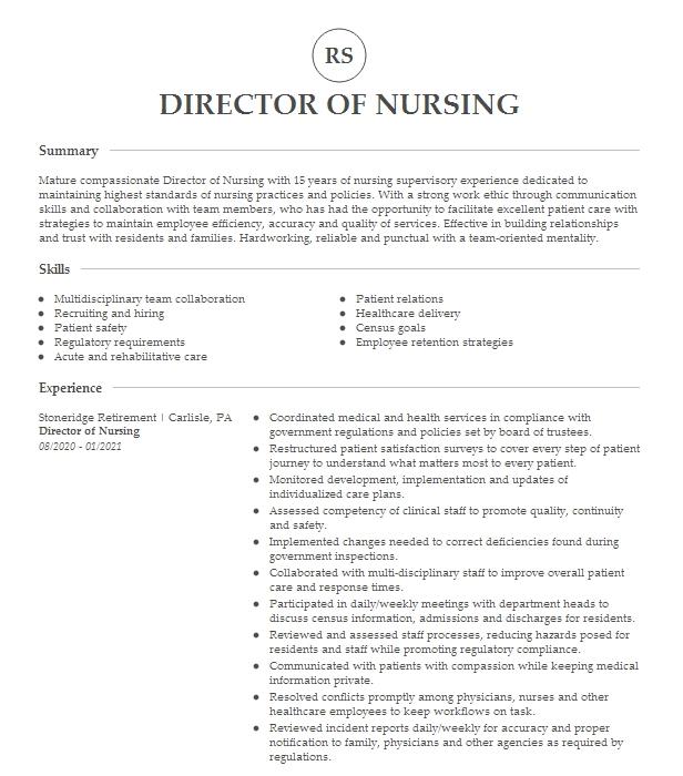 Director Of Nursing Resume Example