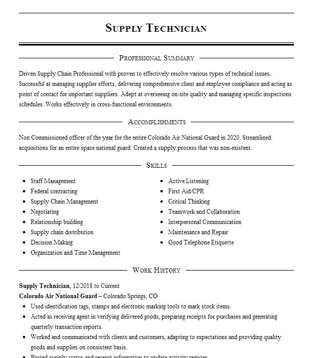 Supply Technician Resume Example