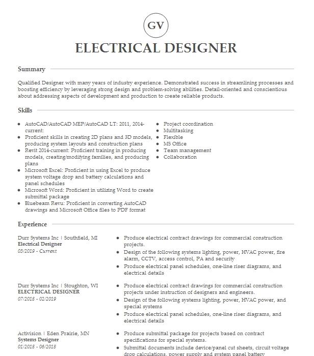 Electrical Designer Resume Example