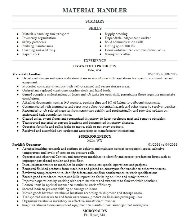 Material Handler Non Dot Resume Example