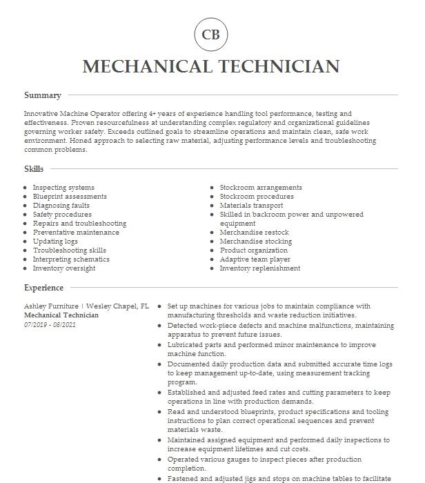 Mechanical Technician Resume Example