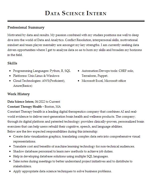 Data Science Intern Resume Example