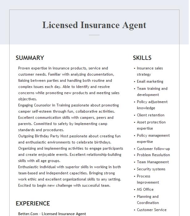 Licensed Insurance Agent Resume Example