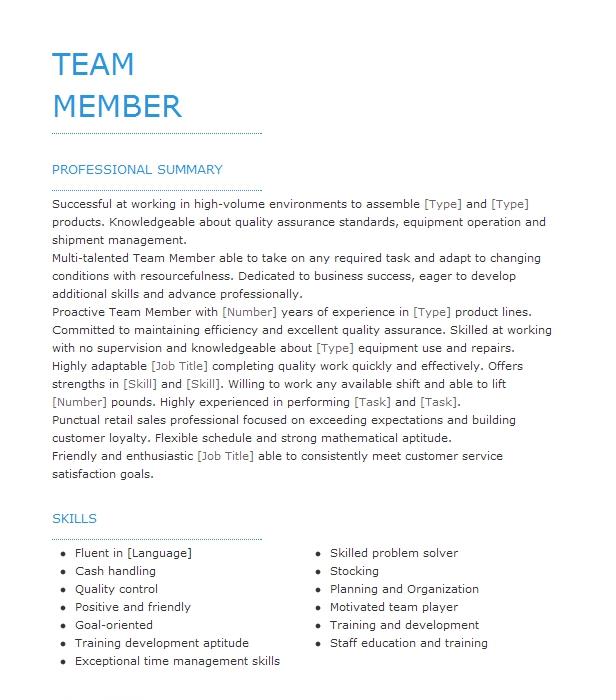 Team Member Resume Example