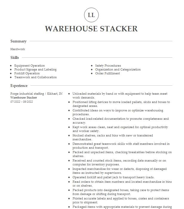 Warehouse Stacker Resume Example