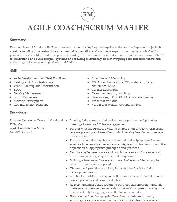 Agile Coach Scrum Coach Resume Example