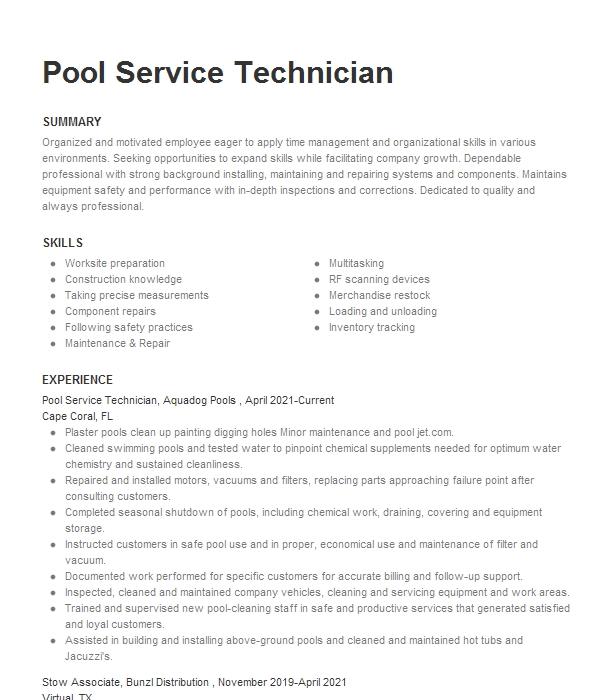 Pool Service Technician Resume Example