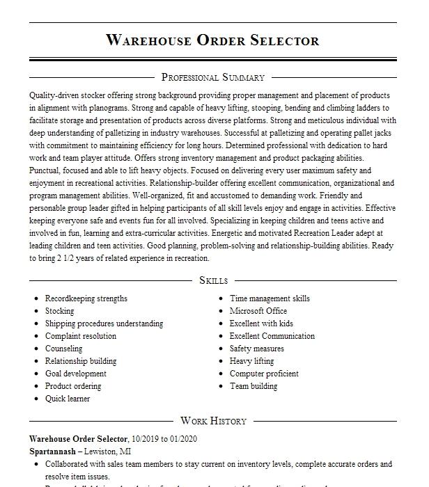 Warehouse Order Selector Resume Example