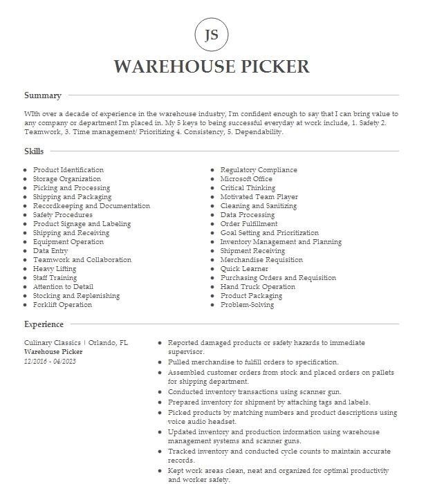 Warehouse Picker Resume Example