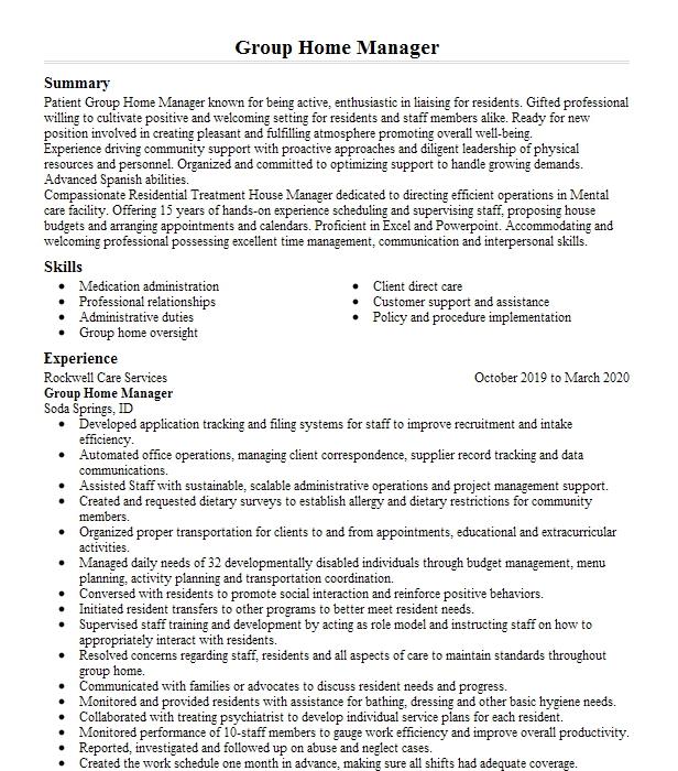 Group Home Manager Resume Example