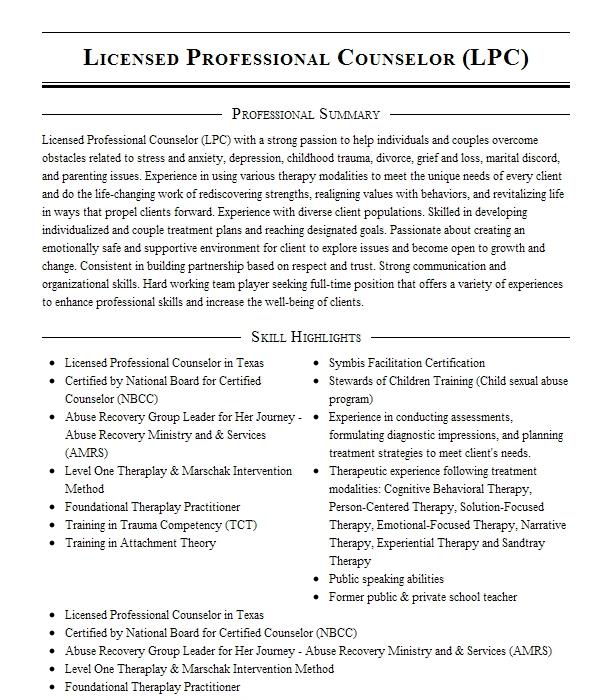 Licensed Professional Counselor Lpc Resume Example 1260