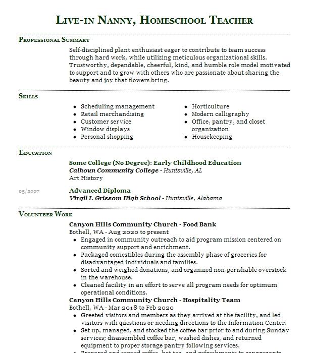 Live In Nanny, Homeschool Teacher Resume Example