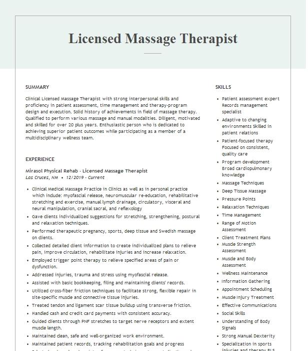 Licensed Massage Therapist Resume Example 4784