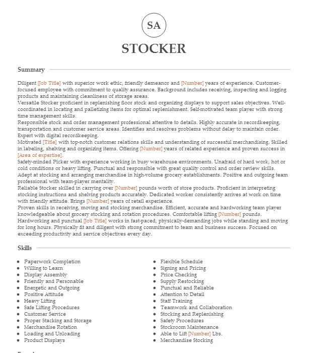 Stocker Resume Example