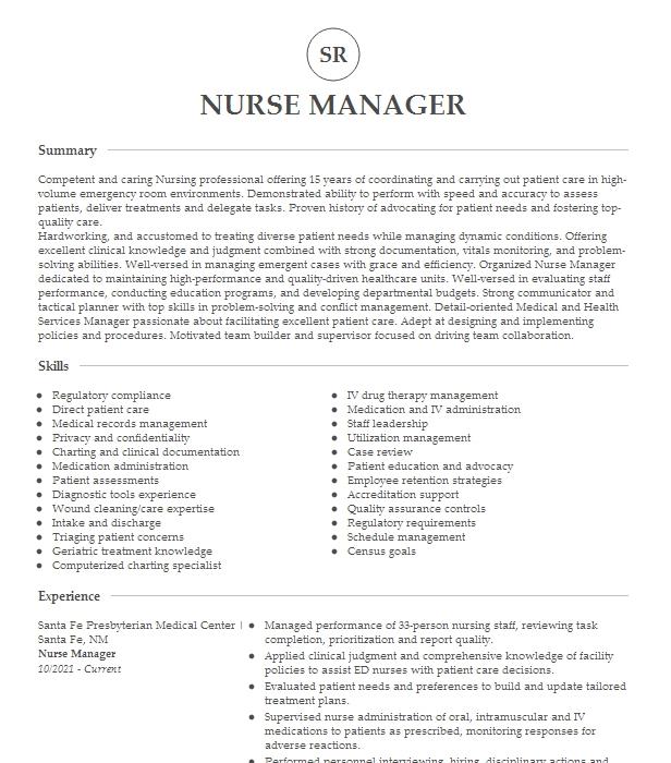 Registered Nurse, Emergency Department Resume Example