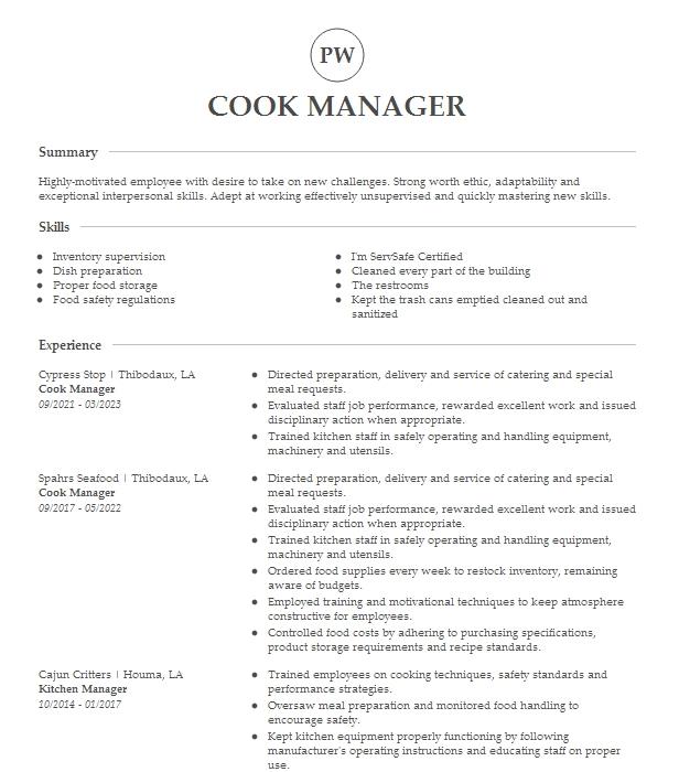 Cook Manager Resume Example