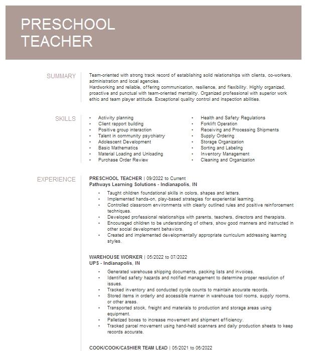 Preschool Teacher Resume Example