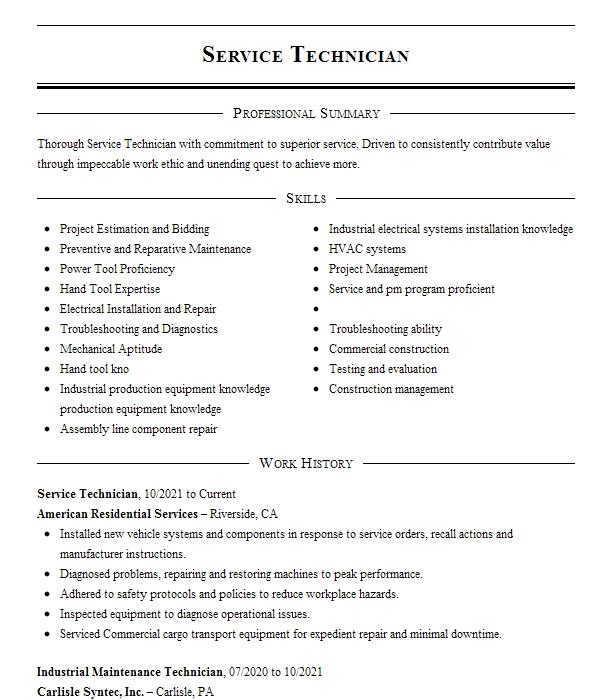 Service Technician Resume Example